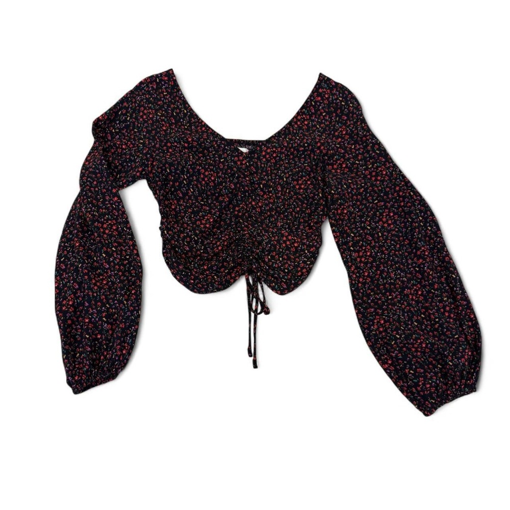 H&M Black Floral Blouse with Red Accents